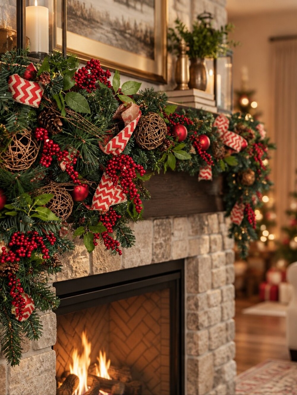 Holiday 2 Evergreen Garland with Red Berries and Ornaments
